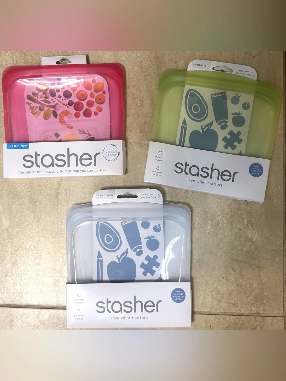 Stasher™ Silicone Reusable  1/2 gallon, 2 Cup Bowl, 3 Sandwich and 1 snack